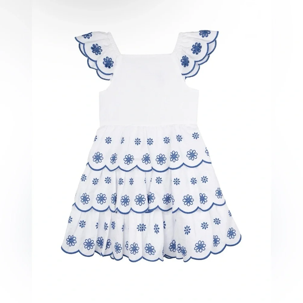 Counting Daisies | Toddler Girl White Dress w/ Blue Floral Embroidery | Size 2T